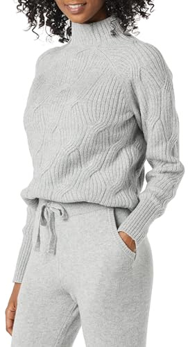 Amazon Essentials Suéter Trenzado Suave al Tacto con Cuello Embudo para Mujer, Color Gris Jaspeado, Talla M