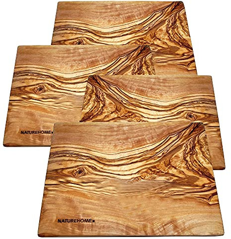 NATUREHOME Lot de 4 assiettes à dessert rectangulaires en bois d'olivier massif 20 x 15 x 1 cm