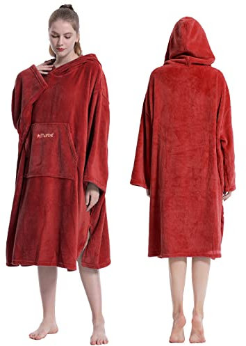 Hiturbo Bademantel, Damen Herren Robe, Unisex, Einheitsgröße, Warmer Weicher Fleece Mogenmantel mit Kaputze, für Strand, Schwimmbad, Zuhause