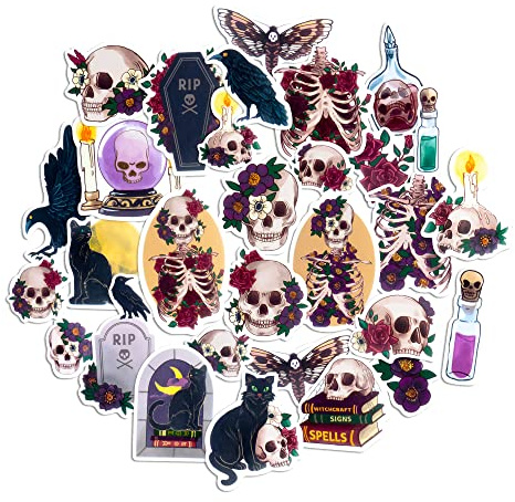 Navy Peony Eerie Gothic Skull Stickers (30 Pieces) - Witchy, Horror Themed, Waterproof | Scary Halloween Stickers for Laptop, Water Bottle, Phone Case