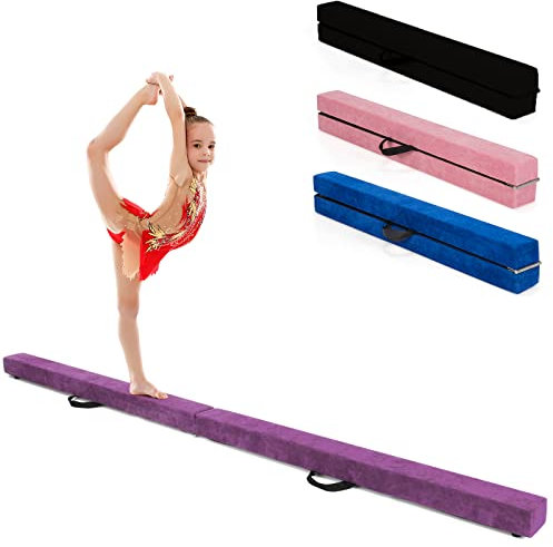 GYMAX Schwebebalken, klappbarer Gymnastikbalken mit rutschfestem Boden, Kiefernholzrahme & Tragegriff, Bodenbalken fur Training & Turneh (Lila, 210 cm)