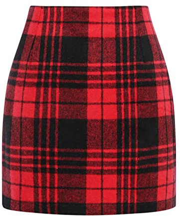 IDEALSANXUN Mini Jupe Moulante à Carreaux Taille Haute en Laine pour Femme, Rouge 02., Taille M