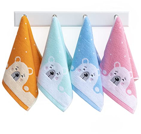 Kissvian 4 Pack Cute Cartoon Bear Pattern Hand Towels, Pure Cotton Children Bathroom Towel Animals, Kids Washcloths, Fingertip Bath Towels for Home Kitchen Bathroom Bedroom, Size 10 x 19.5