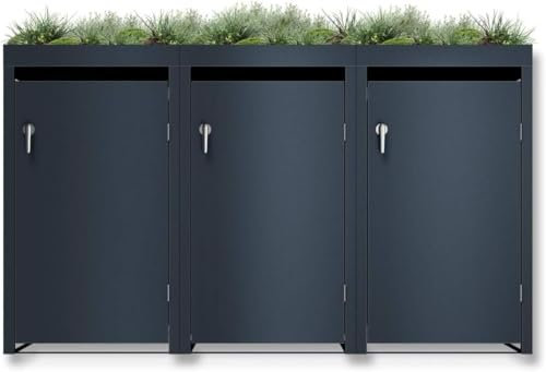 Metzler Mülltonnenbox 3er 240L aus Edelstahl mit Pflanzdach | Dachbegrünung aus Edelstahl in Anthrazit | für 3 Tonnen | wetterfest | Abfallbehälter | Tonnenhaus | gartenbox abschließbar | Gartenbox
