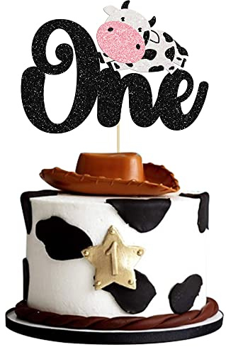 Gyufise 1Pc Cow One Cake Topper Glitter Farm Animals First Birthday Cake Topper Decorations for Baby Shower Kids Boys Girls 1st Birthday Party Cake Decorations Supplies