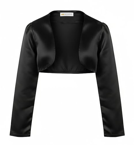 BOLEROSE Girls Satin Long Sleeve Bolero Childrens Kids Shrug (Black, 9-10 Years)