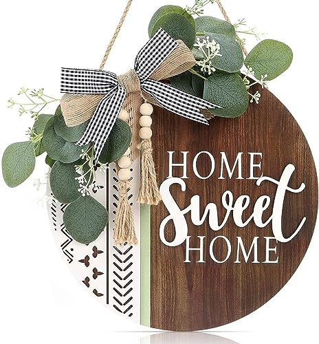 CHDITB Panneau de bienvenue 3D en bois pour porte d'entrée, porche, décoration de porte d'entrée, panneau mural bohème bohème à suspendre, panneau mural aztèque avec feuilles artificielles et perles