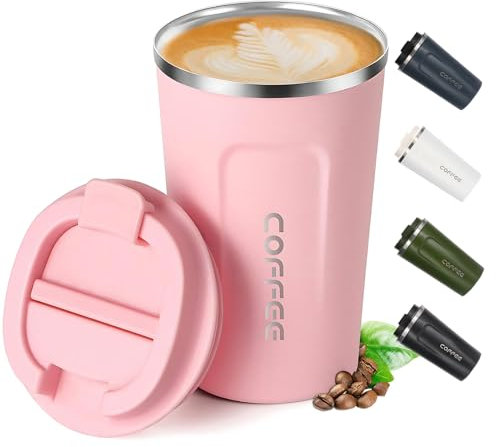 Shunshi Travel Mugs, 380ml Pink - Insulated Coffee Cup with Leakproof Lid - Keeps Hot/Cold 4-6 Hours - Stainless Steel, 1537.23 cm³