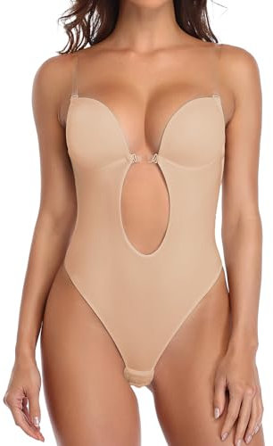 SHAPERIN Womens Backless Bodysuits Deep V Neck Shapewear Thong Bodysuit Push Up Bra Strapless Body Shaper Underwear for Party Wedding, Beige, L