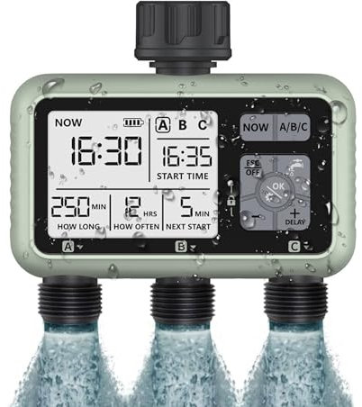 Timer Irrigazione 3 vie, Computer Giardino Irrigazione Timer,Timer Acqua Giardino Programmabile con Ritardo Pioggia, Modalità di Irrigazione Automatica e Manuale, per Giardino, Prato, Patio, Fattoria