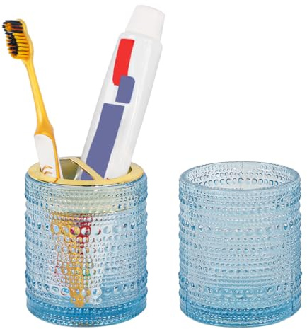 Tonxus Blue Toothbrush Holders for Bathrooms, 2pcs Glass Toothbrush Holder, 10oz Bathroom Tumbler Cups and Mouthwash Cup, Gold Tooth Brush Cup Holder Organizer for Brushes, Toothpaste, Razor
