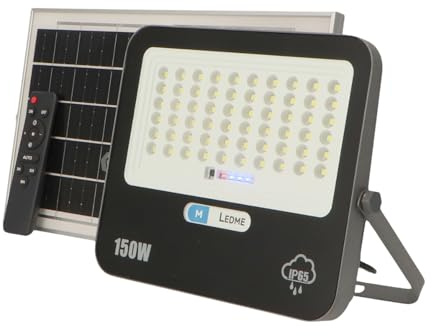 M Ledme - Foco Solar Led 150W con mando a distancia, 2200 lumens, regulable intensidad de luz, IP65, Color Luz Fría (6000k), batería de gran capacidad 15.000 mAh. Longitud del cable 2,10M