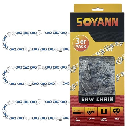 3 x Sägeketten 20cm 33 TG 1,3mm 3/8LP Rückschlagsarme Kette, Profi Kettensägekette Kette Ersatzkette Kompatibel mit Greenworks, Ferrex, Einhell und mehr