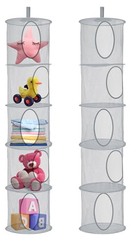 UESDU 2 PCS Hanging Mesh Storage Net, 5 Tier Hanging Storage Basket Foldable Soft Toy Storage Space Saving Organizer for Soft Toys Clothes Sundries (Grey)