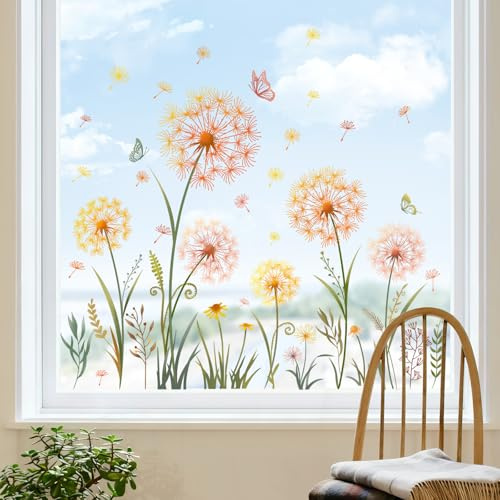 Tanlaby Fensterbilder Pusteblume Gelb Schmetterling Fensteraufkleber | Pflanzen Blumen Frühling Sommer Fenstersticker für Wohnzimmer Schlafzimmer Bad Küche Glastüren Fenster Deko