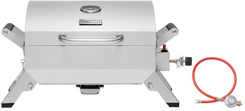 Royal Gourmet Edelstahl Tragbarer Gasgrill, Compact Tischgrill mit Zwei Griffen und Reiseschlössern, Klappbaren Beinen, 3 kW BBQ Campinggrill für Balkon, Picknick Silber