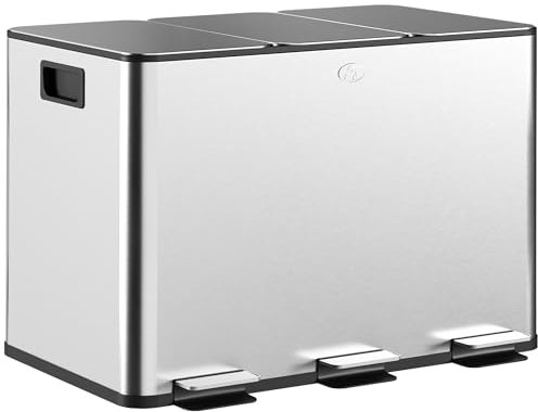 HOMCOM Cubo de Basura de Cocina con 3 Compartimentos 3x10L Papelera de Cocina de Acero Inoxidable con Pedales Tapas de Cierre Suave y Cubo Extraíble para Reciclaje Residuos Restos de Comida Plata