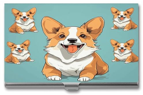 YHEGBFD Corgi Visitenkartenetui aus Metall, niedlicher Hundeaufdruck, Visitenkartenbox, schlankes Visitenkartenetui für Männer und Frauen