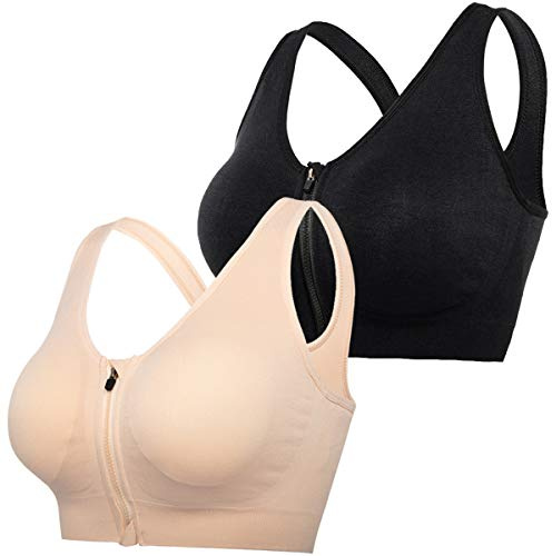 DODOING Zip Front Sports Bra Post Surgery Bra Yoga Bra Workout Fitness Activewear Racerback Padded Extra Support Seamless Bras for Women（2PCS）