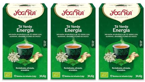 Yogi Tea - Té Verde Energía - Infusión Ayurvédica - Mezcla de Té Verde, Guaraná, Jengibre y Flor de Saúco - Pack de 3x17 bolsitas (51 bolsitas en total)