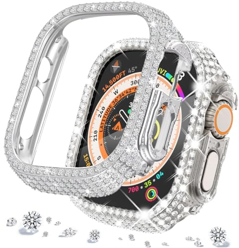 DEALELE [2-pack] klockfodral kompatibelt med Apple Watch Series Ultra 2 49 mm/ultra 49 mm, glitter full diamant strass skyddande skydd hölje (49 mm, silver + transparent)