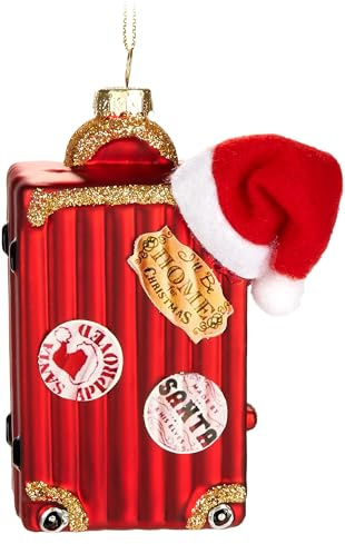 BRUBAKER Koffer vom Weihnachtsmann - Handbemalte Weihnachtskugel aus Glas - 12 cm Baumkugel Weihnachtskoffer Rot mit Weihnachtsmütze - Mundgeblasener Christbaumschmuck
