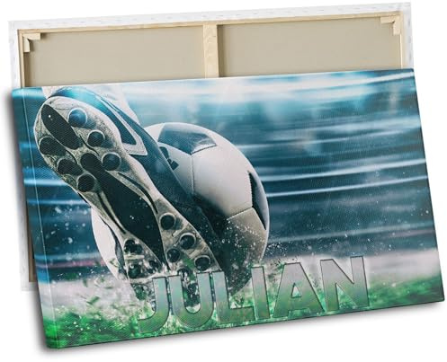 timalo® Kinderzimmer Wandbild Bild auf Leinwand Kinder Bilder für die Wand Leinwandbild xxl personalisiert mit Namen Mädchen Jungen Bild fürs Teenager Zimmer | 60 x 40 cm Fußball, Fußballtor, Tor