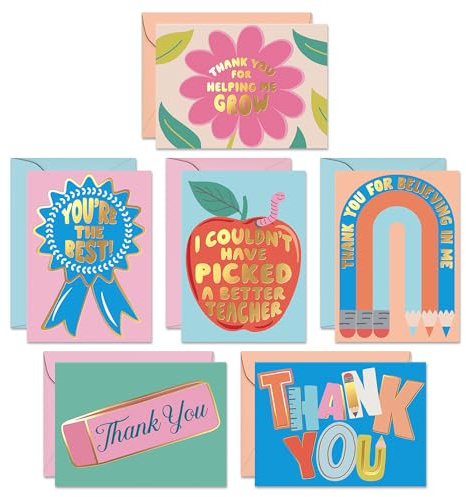 S&O Set of 24 School Teacher Appreciation Cards - 6 Assorted Thank You Notes - Cute Thanks Messages with Envelopes - Kids Grateful Designs for Mentor & Coach - Gratitude for Professors