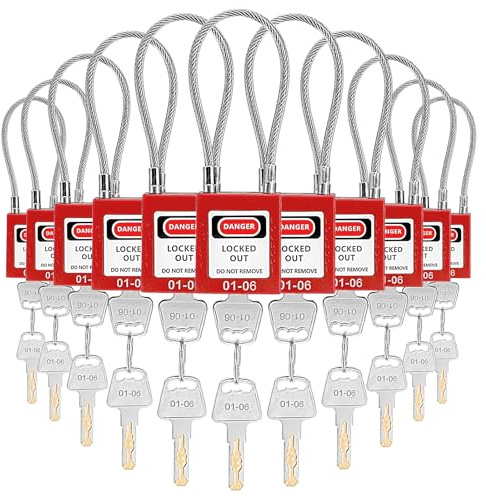 Noamus 10 Pack Lockout Tagout Locks, Steel Cable Compact Loto Safe Padlock Set, Red Keyed Lock with 20 Keys, Different Numbers Safety Locks for Electrical Stations and Devices Kits
