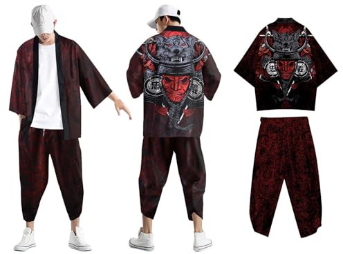Mymyguoe Sommer Kimono 2 Teile Herren Japanische Traditioneller Freizeitanzug Cardigan Jacke 2 Teiler Mit 3D Drucken Hosenanzug Harajuku Loose Anime Kleidung Cosplay Strickjacke Oversized