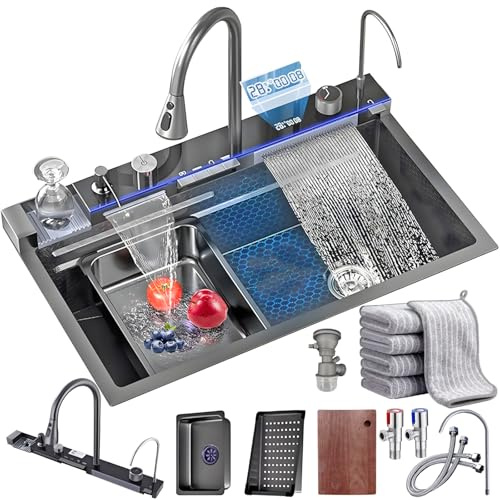 Schwarzes Küchenspüle 1 Multifunktion Waschbecken, Kitchen Sink Modern Edelstahl Küchenspüle Wasserfall mit Entwässerungskomponente, Schneidebrett, Seifenspender, Anleitung (Schwarz, 75x45x22cm)