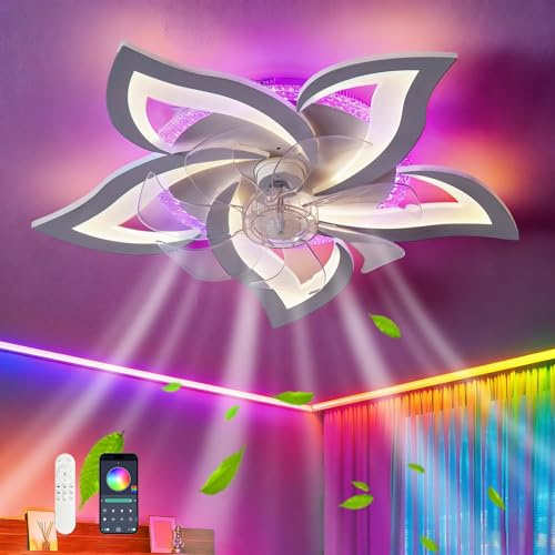 GWYAJTU RGB Lampe Mit Ventilator Leise Moderne Dimmbar Led Deckenlampe Mit Ventilator Dc Reversibel 6 Gang Deckenventilator Lampe Und Fernbedienung FüR Schlafzimmer Wohnzimmer-Weiß