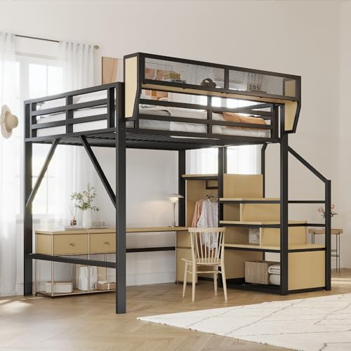 ZYLOYAL10 Hochbett, Kinder-Etagenbett mit Sicherheitsleiter und flexiblem Staufach, Metallbett Erwachsenenbett (Schwarz, 140x200)