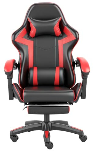 NEW LEADER Silla Gaming Ergonómica con Reposapiés, Respaldo Reclinable 90°–140°, Cojín Lumbar y Cervical, Altura Ajustable, Tapizado en Cuero PU, Silla Gamer Giratoria para Oficina (Negro/Rojo)
