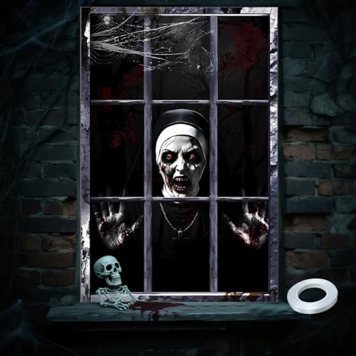 JINGTOPS Tenda per Finestra di Halloween 120X80cm, Decorazioni Halloween Finestre con Fantasmi Spaventosi Suora per Esterno Casa Tende da Giardino e Cortile (Nun)