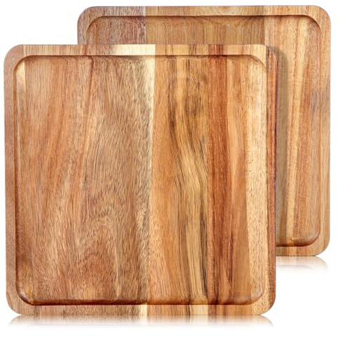 LiWiBet 2X Tablett Serviertablett aus Akazienholz Holztablett Klein eckig 20 x 20 cm, Holz Tablett Dekotablett Holz Servierplatten für Snacks, Käse, Wurst