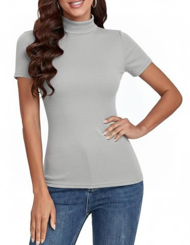 Totatuit Damen Kurzarmpullover Elegant Kurzarm T-Shirt mit Elastischem Rollkragen Shirt Baumwollen Basic Stehkragen Oberteile Bluse Grau XXL