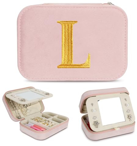 Schmuckkästchen Samt Reise für Damen, Schmuckkasten mit initiale L, Klein Schmuckschatulle mit Spiegel, Schmuckkästchen Buchstaben Geschenke für Damen Mädchen, Geschenke für Geburtstage Weihnachten