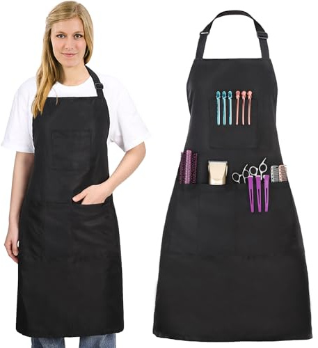 Noverlife Friseurschürze mit 4 Taschen, haarabweisende 34 Zoll lange Friseurschürze mit verstellbarem Riemen, maschinenwaschbare Salon-Schürze, multifunktionale Stylisten-Arbeitsschürze für Friseure
