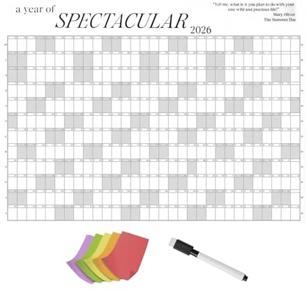 Planificador anual de pared, planificador de pared 2026, tamaño 365 días, calendario con rotuladores limpiables, notas adhesivas, calendario anual claro