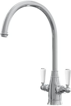 Liquida OS51CH Chrome Swan Neck Twin Lever Traditional Kitchen Mixer Tap