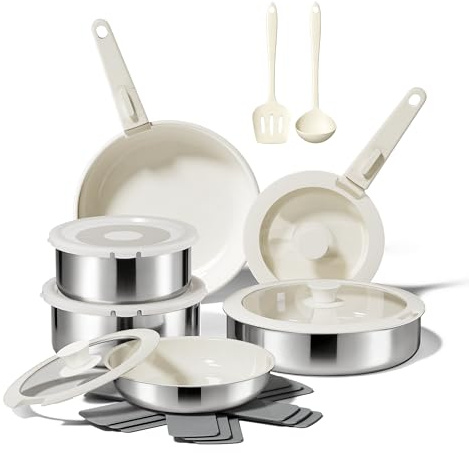 Naturepan Lot de 16 casseroles et poêles antiadhésives en céramique titane diamant et 3 couches en acier inoxydable avec poignée amovible, passe au lave-vaisselle, à l'induction, au four