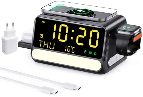 7-in-1 kabellose Ladestation mit Wecker, sprachgesteuertem Nachtlicht, Temperatur & Datum, inklusive 33W-Adapter, Schnellladestation kompatibel mit iPhone Samsung Handys, Apple/Samsung Watch (Schwarz)