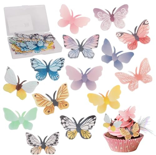 72pcs Edible Butterfly Cake Toppers, Edible Rice Paper Cupcake Decorations for Birthday Wedding Party, Butterfly & Floral Designs, Food-Safe Glutinous Paper Baking Decor (Bearded Butterfly)
