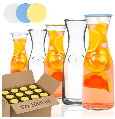 12 Stück Glaskaraffe 1L mit Deckel – Wasserkaraffe für Wasser, Saft, Limonade und Getränke