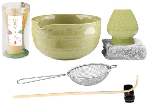 7pcs Matcha Set, Matcha Whisk Set - Matcha Whisk Bamboo, Whisk Holder, Matcha Bowl with Pouring Spout, Scoop, Sifter, Absorbent Cloth - Japanese Tea Ceremony Set for Home Use or as a Gift, Green