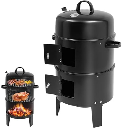 PBTERDTF Räucherofen, 3 in 1 Smoker Grill Holzkohlegrill Grilltonne mit Deckel & Thermometer Rundgrill Räuchertonne Räuchergrill BBQ Barbecue Smoker ∅ 40 cm 2 Enamel-Becken 2 Grillrost Edelstahl