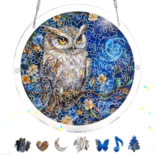Pavemlo Acryl Sonnenfänger Puzzle 83 Teile, DIY Handwerk Eule Doppelseitige Glasmalerei Fensterkunst mit Kette, Achtsames Geschenk für Mutter, Heimdeko 18 cm F363