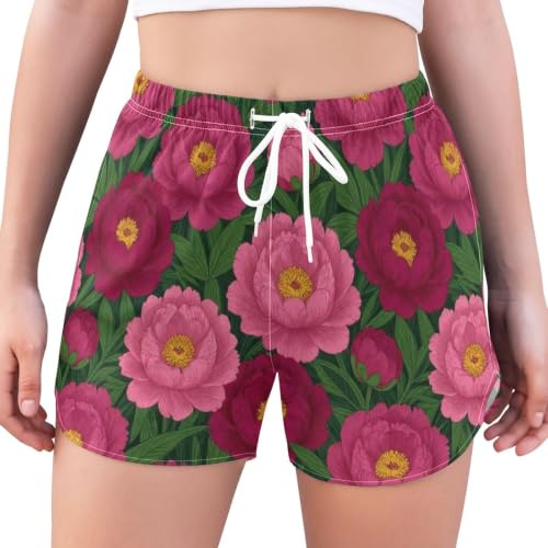 Yuiboo Snabbtorkande fitnessshorts för kvinnor med foder, Levande magenta pion, L