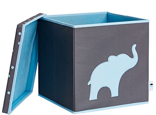 LOVE IT STORE IT Aufbewahrungsbox mit Deckel - Kallax Boxen aus Stoff - Verstärkt mit Holz - Quadratisch, stabil - Grau mit blauem Dino - 33x33x33 cm